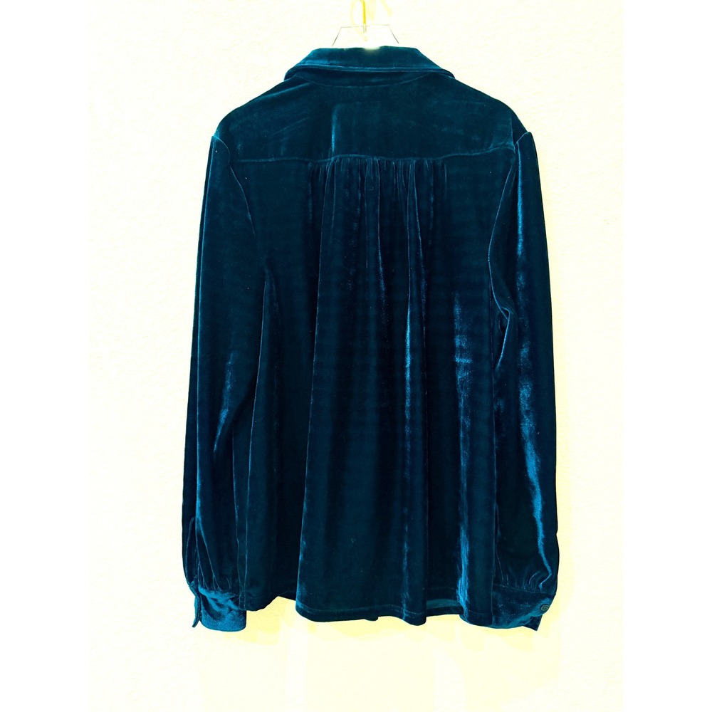 ModCloth Velvet Blouse Womens XL Deep Teal Button Down Long Sleeve Winter - Picture 2 of 8
